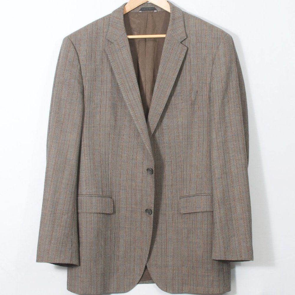 Hugo Boss 44L Men's Sport Coat Gray Brown Check Wool Single Breasted 2 Button